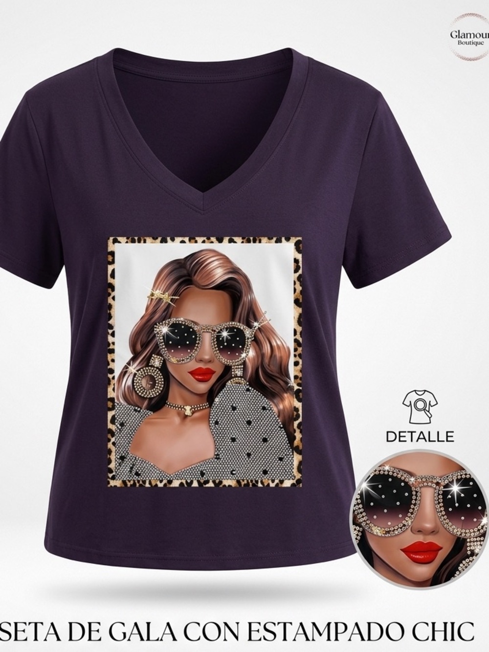 Women's Purple V-Neck Graphic Blouse with Chic Portrait
